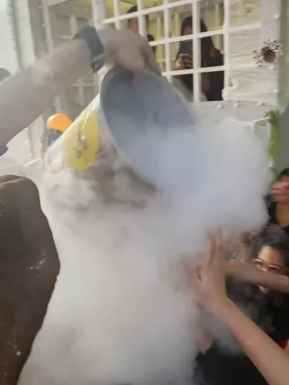 A blast of spooky fog! The kids absolutely love the dramatic effects we use, like this dry ice smoke that creates a mysterious and exciting atmosphere for our science shows.