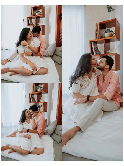 A duplicate of the intimate collage, perfect for a full-page album spread dedicated to their cozy pre-wedding shoot.