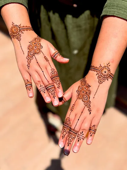Another angle of the stylish Arabic mehendi, showing the clean lines and beautiful placement on the hands.