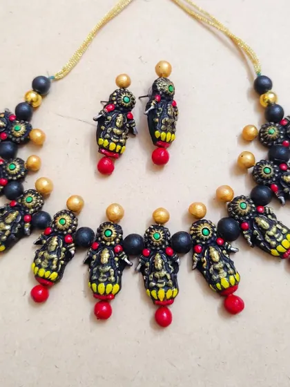 The same Mahalakshmi temple necklace design with red beads. Offering these color variations is key for festive sales.