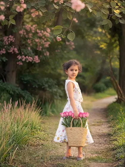 A little girl in a sunlit path, holding a basket of fresh tulips. This portrait is like a scene from a storybook, created by combining a beautiful location with a simple, elegant concept.