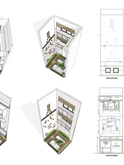 More detailed plans and elevations for the skylit courtyard concept. This level of detail ensures that every element, from the water feature to the planters, is executed exactly as planned.