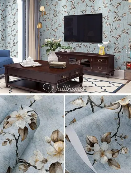A collage showing a floral wallpaper with white blossoms on a blue background, both in a room and as a roll.