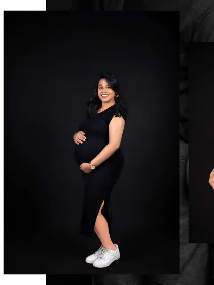 A confident solo portrait of the mom-to-be, her smile radiating happiness. The collage format shows different angles and expressions.