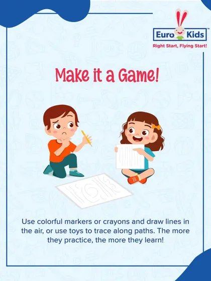 I turn learning into a game. To practice lines, we use colorful markers to draw in the air or trace paths with toys. The more children practice in a fun way, the more they learn.