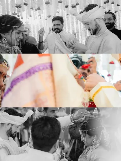 A panoramic collage that blends black and white with color, showing different angles of the ceremony. It emphasizes the emotional expressions of the bride and groom.
