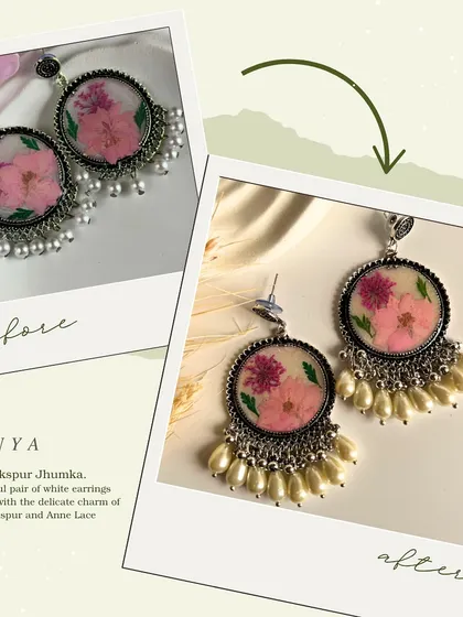 My popular Vanya jhumka, with its delicate pink larkspur, has been elevated. The new design features beautiful pearl ghungroos, making it even more elegant while retaining its original charm.