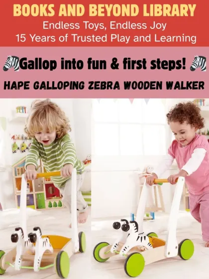 The Hape Galloping Zebra is a beautifully crafted wooden walker that encourages first steps. Its sturdy base provides support while the rubber-rimmed wheels protect your floors.