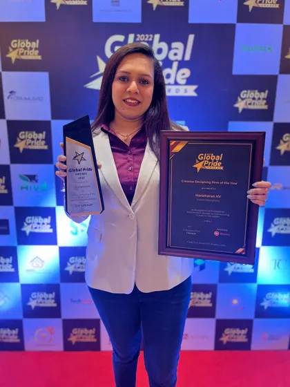 Our co-founder, Akshitha Palangotu, with the award. Our leadership team is deeply involved in every project, ensuring our high standards of creativity and quality are always met.