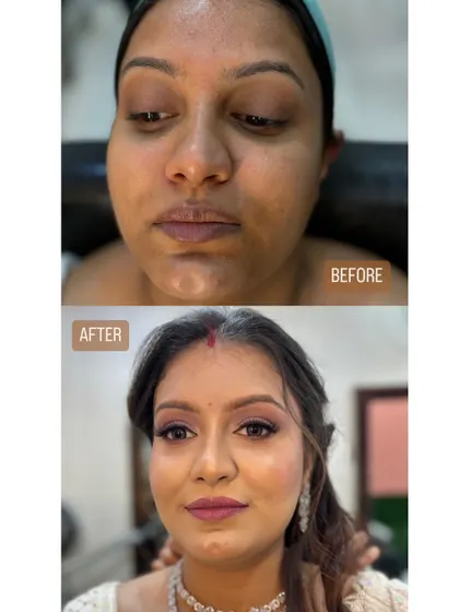 A before-and-after of a party makeup transformation, showing how makeup can cover blemishes and enhance natural beauty.