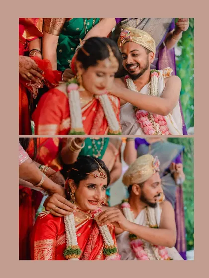 A collage showing the emotional and beautiful moments of the Mangalsutra ceremony, a key ritual in a Hindu wedding.