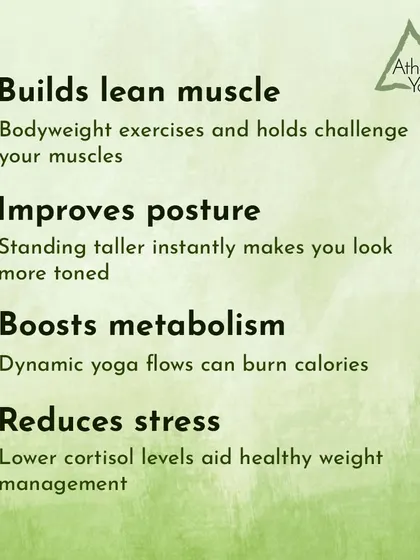 A breakdown of how yoga helps tone your body: it builds lean muscle, improves posture, boosts metabolism, and reduces stress.
