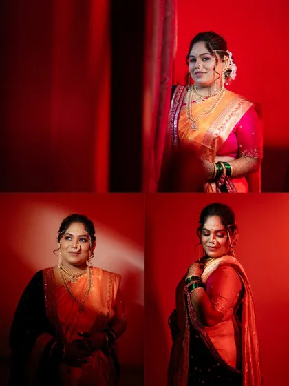 A series of portraits showcasing the bride's elegance and different moods. The consistent red lighting theme creates a cohesive and artistic set of images.