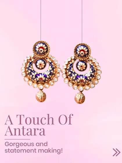 It’s more than gold; it’s a canvas of craftsmanship. These statement chandbali earrings with blue meenakari and kundan work showcase the exclusive Antara touch.