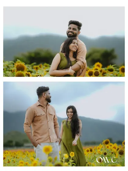 A collage of romantic and happy moments from a pre-wedding shoot in a sunflower field.