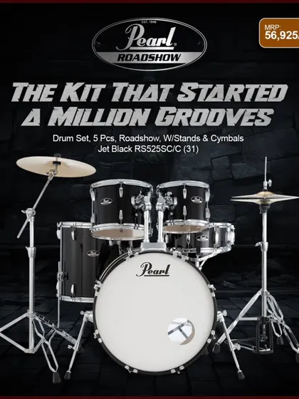 The Pearl Roadshow kit in a sleek Jet Black finish. A fantastic starter kit that provides a solid foundation for learning rhythm and technique.