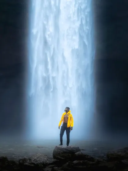 A self-portrait in front of a magnificent waterfall in Meghalaya. This shot, titled "Halfway to Heaven," perfectly encapsulates the feeling of being there.