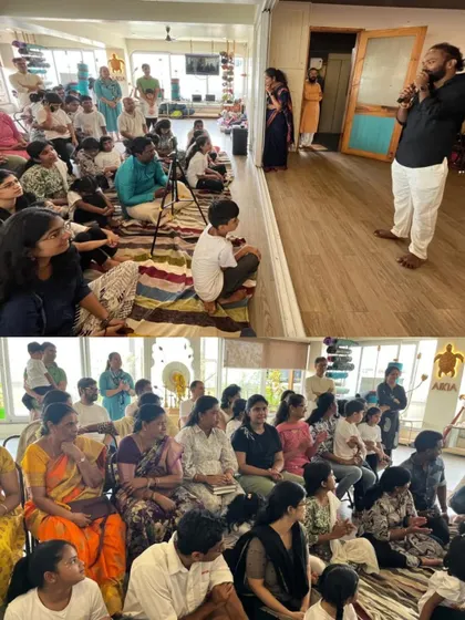 The whole community comes together for the Bala Shivir convocation. Parents and teachers gather to celebrate the achievements of our little yogis.
