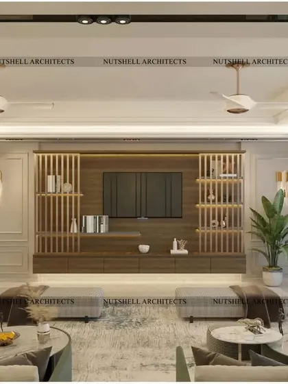 This view shows the custom TV unit, which features vertical wooden slats for textural interest. The design provides a stylish focal point without overwhelming the serene and elegant feel of the room.
