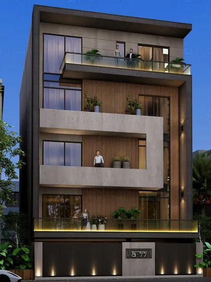 A design for a 242 sq. yard home in Vishal Enclave, featuring recessed balconies and a mix of wood and concrete textures. The strategic placement of exterior lighting enhances the facade's depth at night.
