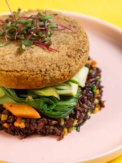 Another look at our innovative Black Rice Burger. We use nutrient-dense ingredients to create meals that are not only good for you but also visually appealing and incredibly satisfying.
