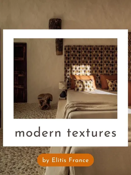Modern textures from Élitis France redefine this bedroom space. The geometric patterned headboard creates a bold focal point, demonstrating how our wallcoverings can offer a unique blend of color and design to elevate any room.