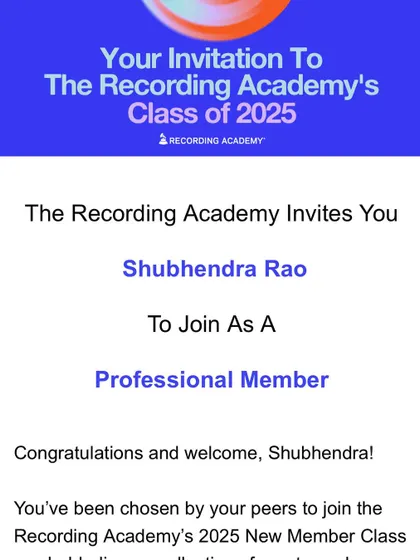 I am truly honored to have been invited to join The Recording Academy as a professional member. This recognition from my peers at the Grammys is a humbling and deeply gratifying moment in my journey.
