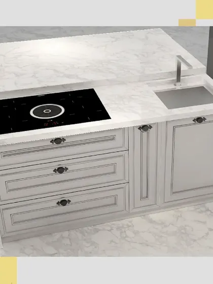 This detailed view of the island shows the integrated induction hob and sink, making it a highly functional centerpiece for the kitchen.