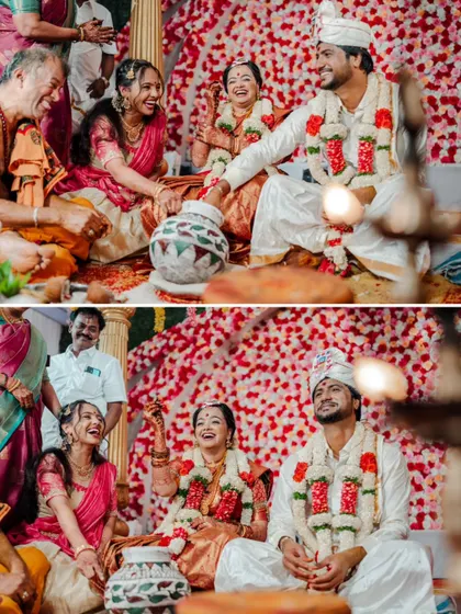 A collage capturing the laughter and joy of the wedding ceremony, with the couple and their families sharing happy moments.