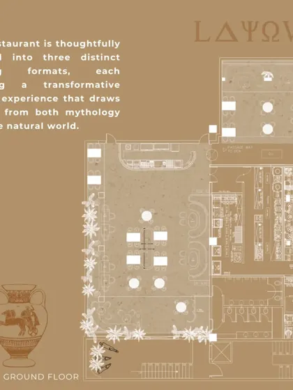 The ground floor layout for Skyro, with a capacity for 110 guests. The restaurant is thoughtfully divided into three distinct seating formats, each offering a transformative dining experience.