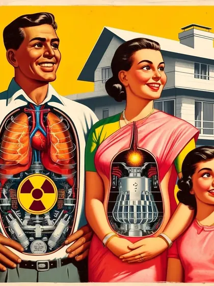 An illustration from my 'Parmanupunk' series showing a family with cutaways revealing their nuclear reactors. This series explores an alternate history powered by atomic energy.