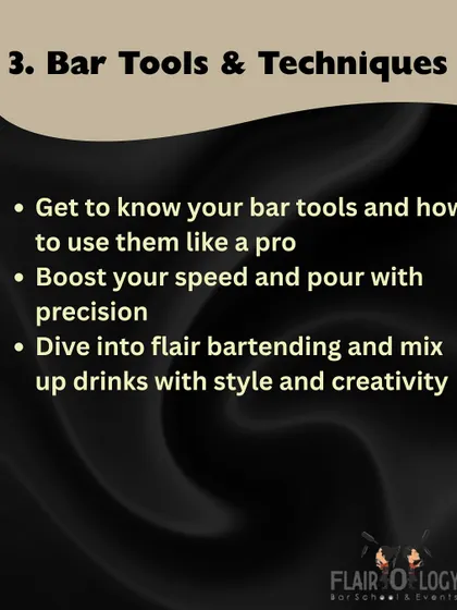 Our course covers all the essential Bar Tools & Techniques. You will learn to use tools like a pro, boost your speed and precision, and dive into flair bartending to mix with style.