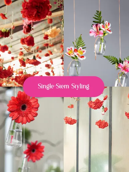 Single stem styling is a minimalist yet impactful floral trend. Hanging individual blooms in small glass vases creates a delicate, floating effect that is both modern and romantic.