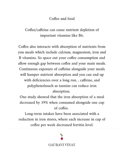 An infographic explaining how coffee can interact with the absorption of key nutrients like iron, calcium, and B vitamins.
