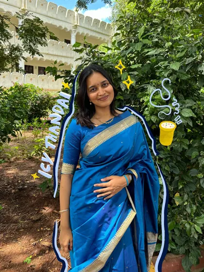 Feeling like an Icy Thandai in this cool blue saree. The doodles add a refreshing, fun touch.