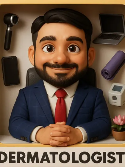 A fun avatar that captures my personality and passions: being a dermatologist with my dermatoscope, practicing yoga, growing lotus plants, and using technology.