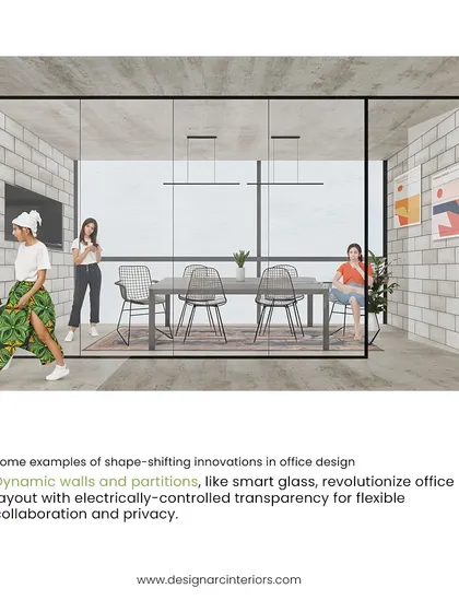 This concept image illustrates dynamic walls and smart glass partitions, a shape-shifting innovation that allows for flexible control over privacy and collaboration.