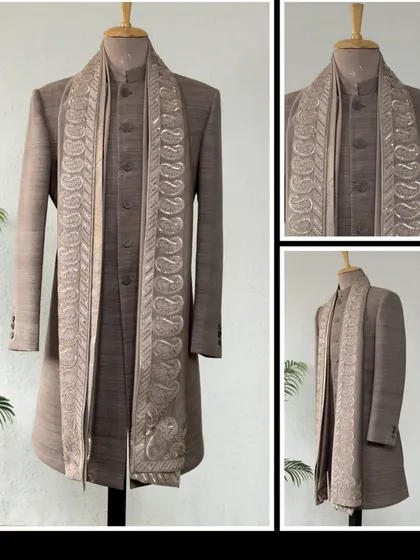 A classic Matka Silk Achkan in a rich brown, teamed up with a paisley dupatta. This is a stylish move for the upcoming festive vibes.