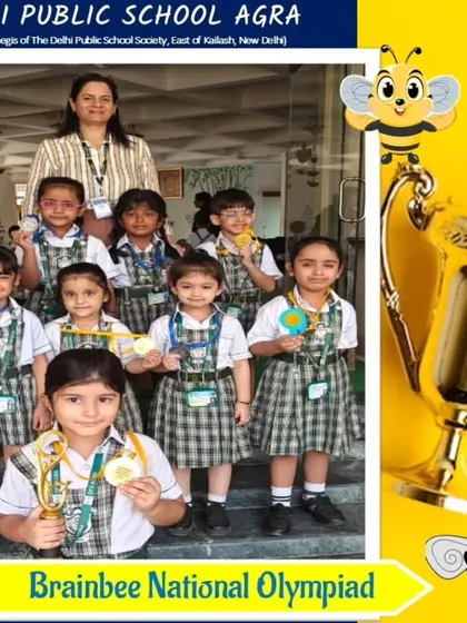 Young artists from the Drawing and Colouring competition (Group A) at DPS Agra with their 2024 Olympiad awards.