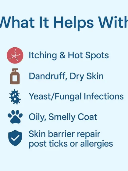 This treatment is incredibly effective for a range of common issues. I use it to help with itching, hot spots, dandruff, yeast infections, oily coats, and to repair the skin barrier after tick infestations or allergic reactions.