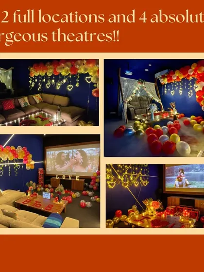 This collage highlights the versatility of our four theatres across two locations. You can see different decoration styles, all designed to create a gorgeous and personalized celebration space.