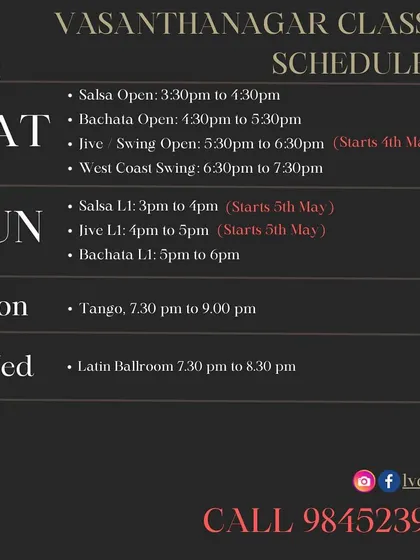 Our Vasanthnagar class schedule. This poster highlights the new batches starting for Salsa, Jive, and West Coast Swing, as well as our ongoing Tango and Latin Ballroom classes.