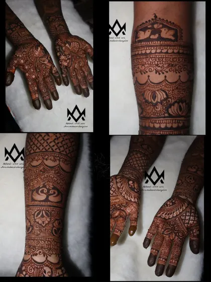 This collage showcases various traditional motifs I can include in bridal mehendi, such as peacocks, lotuses, and birds.