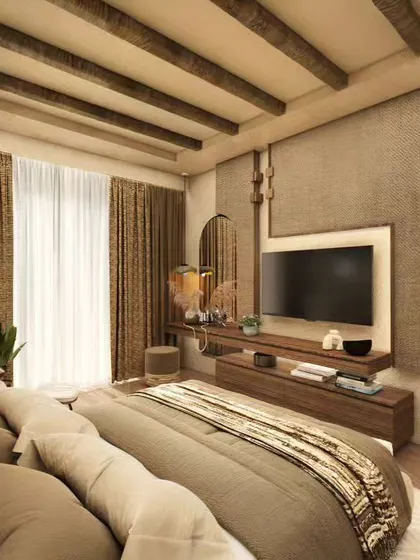 A cozy and luxurious bedroom with rustic charm. The design uses exposed wooden beams, textured walls, and warm, earthy tones to create a comfortable and high-end retreat.