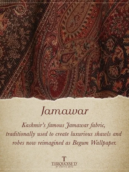 The Begum Wallpaper captures the essence of Jamawar, Kashmir's famous fabric. Traditionally used for luxurious shawls and robes, its opulent patterns are now redesigned for creating regal and timeless walls.