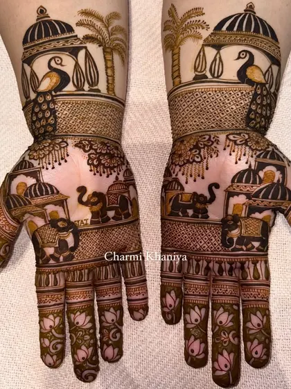 A full view of the Teej mehendi design.