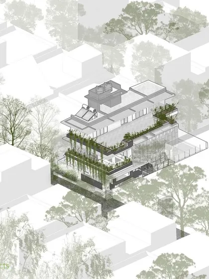A duplicate of the isometric context drawing, showing how the house is nestled in its green surroundings.