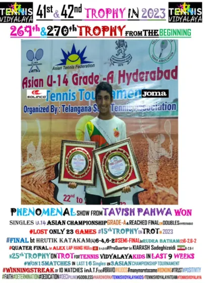 Phenomenal show from Tavish Pahwa, winning the singles and reaching the doubles final at the Asian U-14 Grade-A Championship.