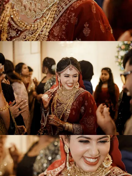 A collage of a bride's happiest moments during her reception, from her grand entrance to her infectious laughter.