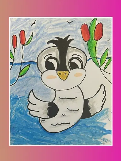 This sweet penguin character, floating in the water, is a testament to our students' growing imagination and drawing skills.